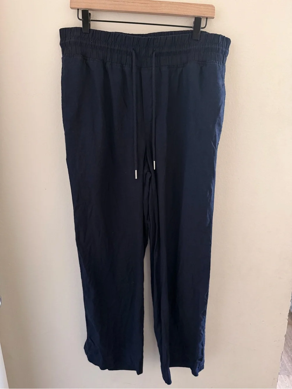 Quince 100% European Linen Wide Leg Pants Blue Relaxed Trousers Large Drawstring